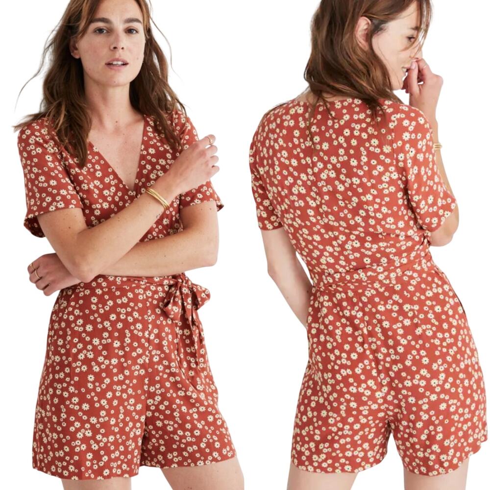 Madewell Wrap Front Romper V Neck Tie Waist Daisy Field Floral Print Womens 14